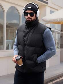 DAZY Men's Solid Color Thermal Thickened Black High Collar Vest Jacket, Winter - Black - View 5