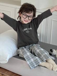 DAZY 男童字母印花长袖上衣和格子裤睡衣套装 - 深灰色 - 查看 6