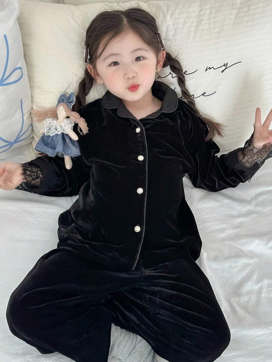 DAZY Young Girl Lace Patchwork Long Sleeve & Long Pants Pajama Set Fall,Winter - Black - View 1