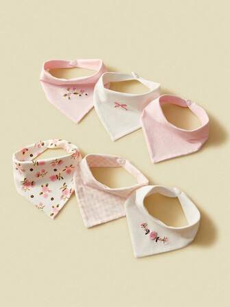 6pcs Baby Cotton Bibs, Ditsy Floral Embroidery Triangle Scarf, Suitable For Infants Under 3 Years Old, All Seasons