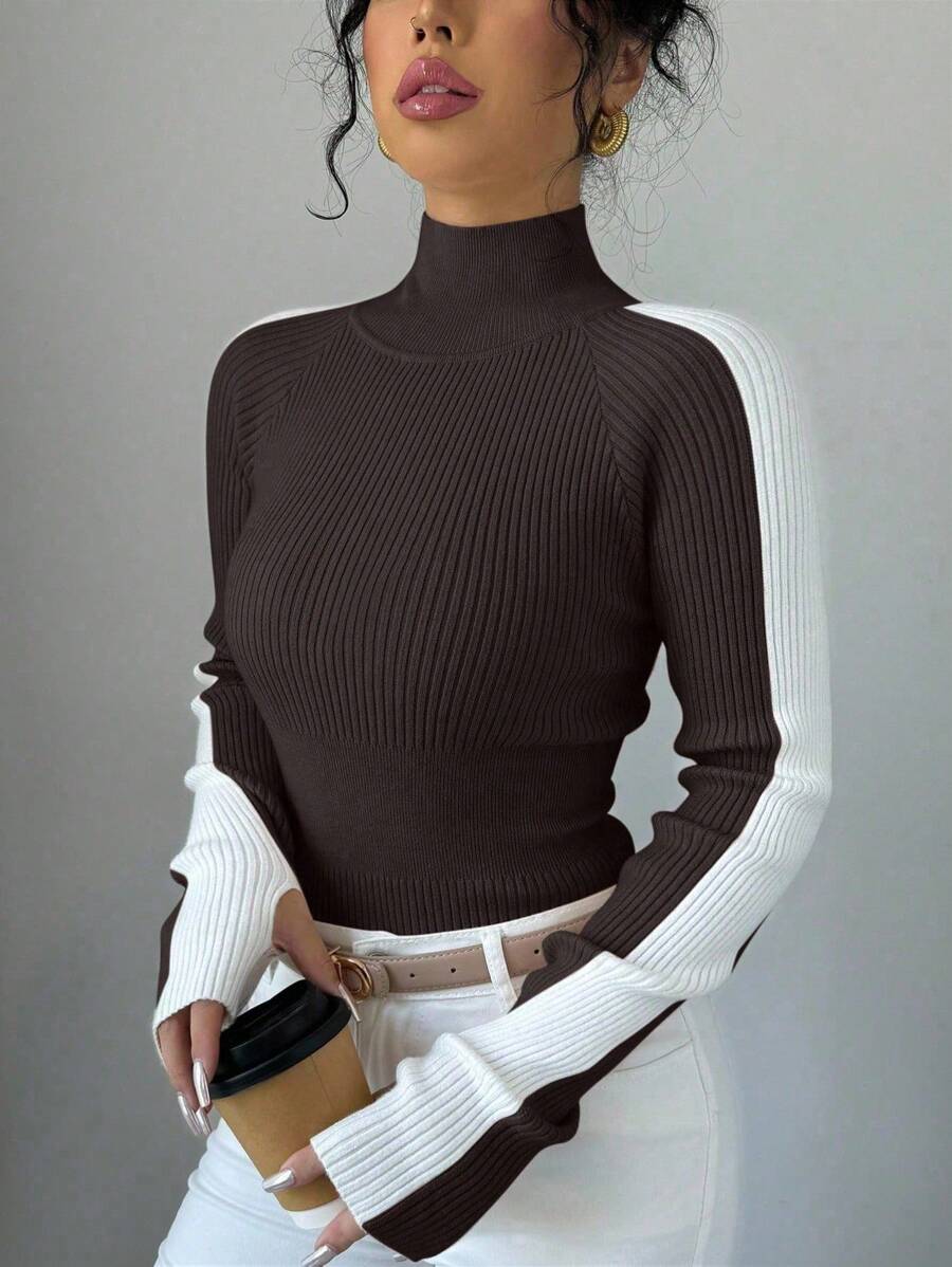 Selianne Suéter de punto minimalista con cuello alto y bloques de color, jersey de punto para otoño e invierno - Café integral - Ver 1