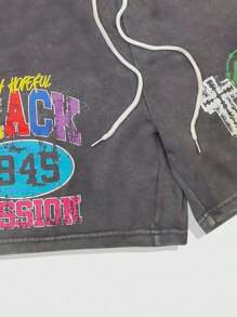 ROMWE MEN Street Life Quần short lưng rút in chữ thường ngày cho nam, mùa hè - Xám - Xem 4