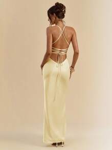 SHEIN BAE 杏色和白色深V领细肩带超长露背系带缎面美人鱼连衣裙，优雅连衣裙，度假连衣裙，伴娘连衣裙，生日派对连衣裙，毕业礼服，白色连衣裙 - 黃色 - 查看 2