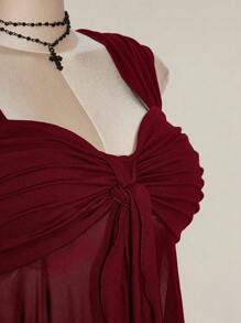 SHEIN ICON Plus Size Women's Asymmetrical Plain See-Through Mesh Hem Camisole Tank Top, Rave Top, See Through Top, Suitable For Summer Vacation, Graduation Season, Back To School, Y2K Style Burgundy Top Tie Front Top