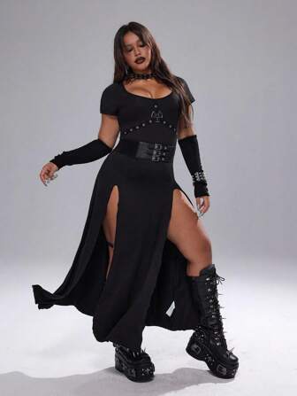 Whyspr Plus Size Women's Black Five-Pointed Star Decor Solid Elegant Off Shoulder Simple Casual Dress , Halloween