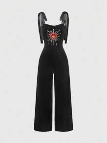 ROMWE Goth Gotisch-romantischer Mori-Stil Damen Bodysuit mit Strass-Kristall-Tropfen, Stern-Stickerei und Schnürung am Rundhalsausschnitt - Schwarz - Übersicht 1