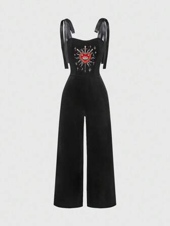 Goth Gothic Romantic Mori Style Rhinestone Crystal Teardrop And Star Embroidered Crew Neck Women's Lace-Up Bustier Bodysuit