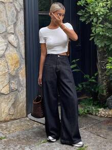 DAZY 女士口袋设计开衩宽松牛仔裤，休闲街头风长裤 - 深色水洗藍 - 查看 6