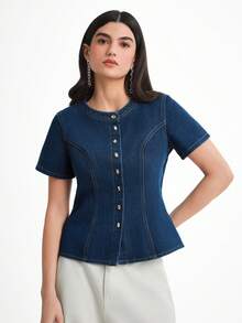 Daynim 女士休闲短袖圆领腰牛仔衬衫 - 中等水洗藍 - 查看 5