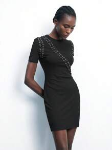 Maija 女士黑色夏季连衣裙，一字肩和超大孔眼系带装饰圆领，时尚都市派对休闲通勤音乐节户外短裙 - 黑色 - 查看 5