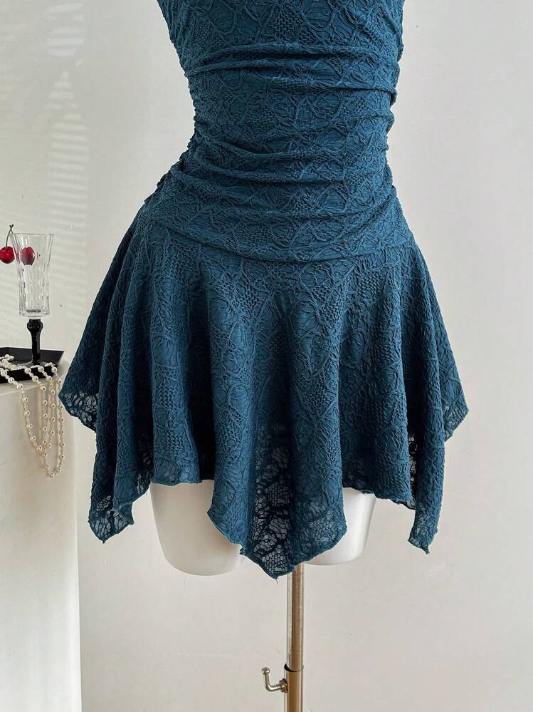 Sweetra Y2K Sexy Asymmetrical Hem Textured Fabric Tube Dress - Blue - View 4