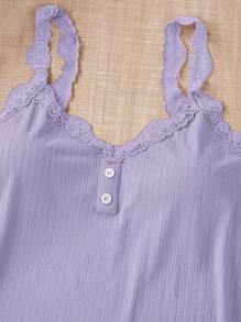 SHEIN Bộ đồ ngủ 3 món ren trơn màu mùa hè cỡ lớn, quần short và quần dài cho nữ, trang phục - Màu tím - Xem 4