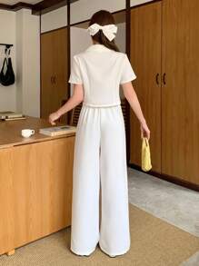SHEIN 青少年女孩白色纯色梭织休闲通勤翻领短袖纽扣弧形下摆上衣和直筒裤两件套服装套装，返校季，休闲优雅套装