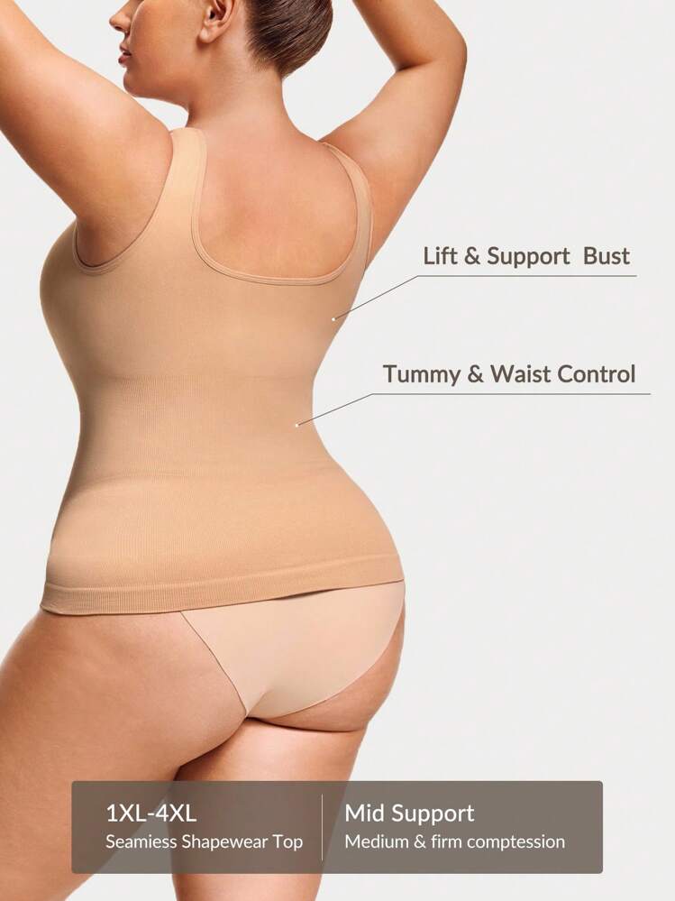 SHAPORA Plus Size Women Solid Color Rib-Knit Camisole Top - Apricot - View 2