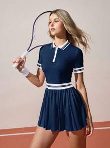 CourtClass Contrast Stripe Pleated Hem Sports Dress Pleated Tennis Dress Tennis Dress With Pockets Short Sleeve Tennis Dress Polo Tennis Dress Women Tennis Apparel Polo Dress Women Women Tennis Dress Tennis Skirt Sets - Navy Blue - View 3