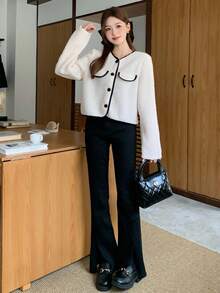 SHEIN 少女撞色纽扣前泰迪羊毛夹克 少女衬衫 夏尔巴夹克 泰迪夹克 短款夹克 圈圈呢夹克 仿皮草夹克 秋冬毛绒夹克 - 杏色 - 查看 4