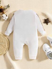 SHEIN 1件婴儿男女通用新生儿泰迪熊刺绣针织华夫格长袖露肩纽扣连体衣，男婴泰迪熊套装，婴儿套装1-12个月，休闲百搭婴儿连体衣熊新生儿服装男女通用中性婴儿服装男女通用泰迪熊婴儿服装白色婴儿连体衣婴儿连体衣男女通用婴儿服装 - 彩色 - 查看 2