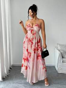 Elenzga Romantisches Maxikleid in Große Größen mit Aquarellmuster in Mehrfarbigkeit, Blumen-Muster, Spaghettiträgern, geraffter Büste, plissiertem Saum, eleganter Freizeitmode für den Urlaub - Verschiedenfarbig - Übersicht 6