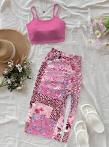 Soleia Ensemble 2 pièces pour femmes, comprenant un débardeur casual unicolore et une mini-jupe imprimée à fleurs et léopard, pour les vacances