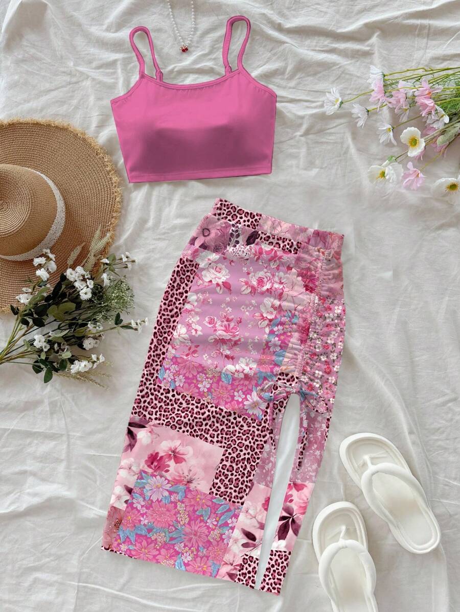 Soleia Ensemble 2 pièces pour femmes, comprenant un débardeur casual unicolore et une mini-jupe imprimée à fleurs et léopard, pour les vacances