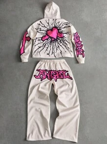 PAVTROS Manfinity Streetrush Men's Angel Heart Graphic Digital Print Short Hoodie Set, 2000s Style - Multicolor - View 2