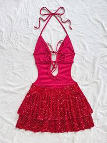 Soleia 女士性感深 V 领露背系带双荷叶边下摆亮片迷你连衣裙，适合圣诞节、约会之夜、夜总会、海滩、游轮、下午茶、波西米亚风、波西米亚风、度假 - 紅色 - 查看 2