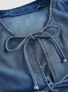 SHEIN MOD Áo sơ mi denim thường ngày có chi tiết nơ cho nữ - Màu xanh lam - Xem 3