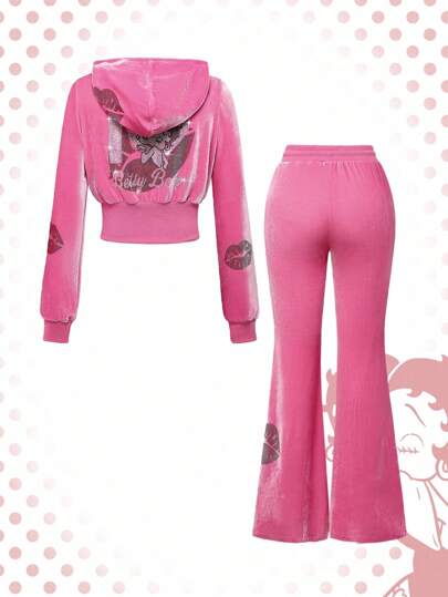 Betty Boop | ROMWE Y2K Rhinestone Lips Pattern Zip Up Hooded Velvet Sweatshirt & Flare Pants Set For Women