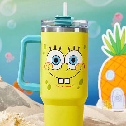 SpongeBob SquarePants | SHEIN 1200ml/40oz 不锈钢保冷水瓶，带吸管，适合热水和冷饮
