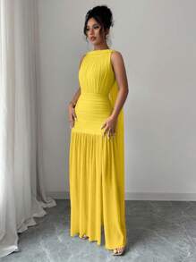Selianne Women's Solid Color Sleeveless Backless Fitted Slit Dress - Yellow - View 7