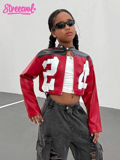 Chaqueta corta deportiva de manga larga con cuello alto y estampado de letras para adolescentes, de color contrastante, adecuada para ciclismo, salidas y reuniones