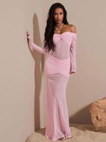 Opulessa 女式纯色针织网眼露肩长袖连衣裙 - 粉色 - 查看 3