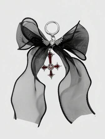 Goth Llavero con dije de bolso con corazón cruzado y lazo de malla con estilo Y2K