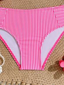 Conjunto de bikini a rayas amarillas para niñas preadolescentes, traje de baño de 2 piezas con parte superior con volantes, elegante y de moda, adecuado para nadar, vacaciones y verano - Rosa Fucsia - Ver 5