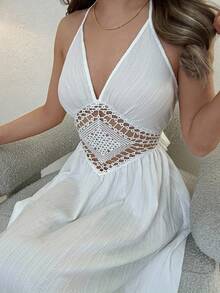 Jemour Textured V-Neck Halter Tie Backless Ruched Peplum A-Line Midi Dress For Vacation & Leisure,Sun Dress,For Summer Vacation,Women Summer Clothing