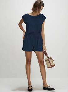 Airaco 2pcs Women Casual Solid Color Round Neck Dolman Sleeve Top And Shorts Set