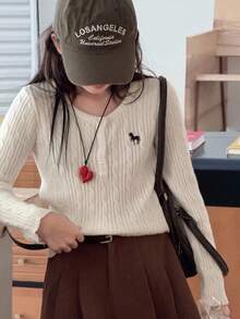 Dazy Kids Áo len thêu cổ tròn cho bé gái, Quần áo mùa thu - trắng - Xem 4