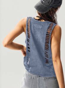 Bohemela Solid Color Knit Cropped Washed Women Tank Top Blue Top Women Distressed Top