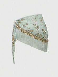 ROMWE Y2K 复古性感复古串珠刺绣拼布流苏下摆裹身裙 - 綠色 - 查看 2