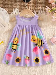 SHEIN Playful Pals Baby Girls' Cute Bee Animal Element Sleeveless Dress, Fashion New Style For Spring & Summer - Purple - View 3