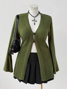 Sweetra Cárdigan de punto con botones delanteros en estilo bohemio para mujer de talla grande, apto para usar en todas las estaciones, ideal para vacaciones. Cárdigan vintage para mujer con costillas, cárdigan verde oliva, cárdigan con mangas acampanadas, cárdigan verde para mujer en invierno, otoño y otoño