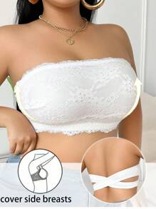 SHEIN White Lace Plus Size Backless Bra With Plant Pattern And Non-Slip Broadside Design