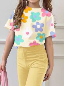 SHEIN 2 件套年轻女孩休闲卡通图案圆领短袖上衣和喇叭裤套装，适合夏季 - 彩色 - 查看 3