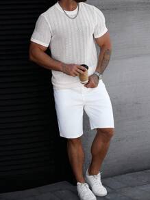 Manfinity Homme Men's Solid Color Crew Neck Short Sleeve T-Shirt, Minimalist & Fashionable, Suitable For Summer, Men Mesh Top Men T Shirts Casual Tops Mesh Men - White - View 5