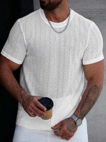 Manfinity Homme Men's Solid Color Crew Neck Short Sleeve T-Shirt, Minimalist & Fashionable, Suitable For Summer, Men Mesh Top Men T Shirts Casual Tops Mesh Men - White - View 7