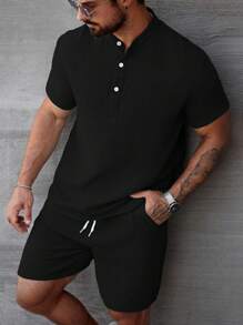 Manfinity Homme Áo sơ mi nam cổ bẻ mùa hè, áo polo nam và quần short rút dây, bộ 2 món, thích hợp mặc mùa hè, phong cách nghỉ dưỡng, thích hợp làm quà tặng mùa hè cho bạn trai và chồng - màu đen - Xem 5
