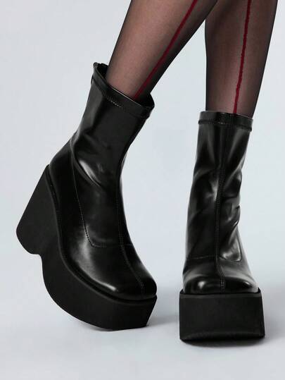 Damen Lässig einfarbige schwarze Plateau Stiefel bis zur Mitte des Knöchels, Herbst/Winter Punk Gothic Stil mit quadratischer Zehenform, elastisch, bequeme hohe Absätze, Halloween