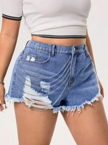 Rivivi Shorts vaqueros sueltos y desgastados con decoración de cadena para tallas grandes