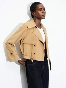 Maija 女式卡其色风衣，四季百搭，现代都市时尚必备，落肩长袖，大翻领，腰带装饰，商务休闲办公装，低调优雅，都市通勤，杂志编辑同款，都市社交聚会派对，魅力女士夹克短款夹克短款西装外套女士夏季女士短款夹克女士机场服装斯德哥尔摩街头风格，秋冬精致简约清凉 - 卡其色 - 查看 5