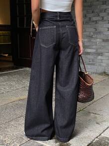 DAZY 女士口袋设计开衩宽松牛仔裤，休闲街头风长裤 - 深色水洗藍 - 查看 5